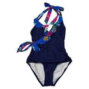 Matilda Jane SANDCASTLE QUEEN Navy Floral Dot One Piece Halter Ruffle Swimsuit